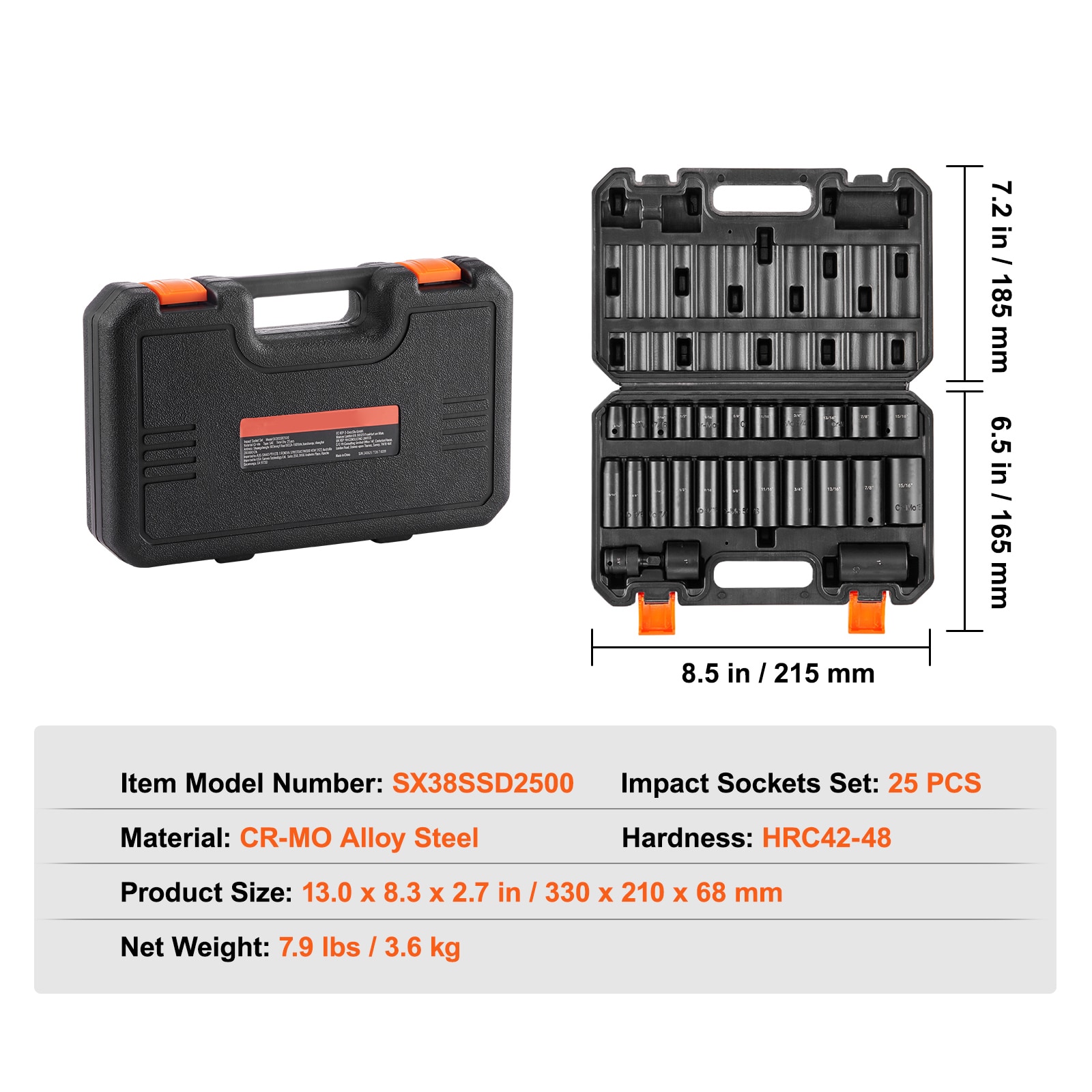 Impact Sockets Set 25pcs 6-Point 3/8in Drive Bit Ratchet Tool Kit Case_voghion.com